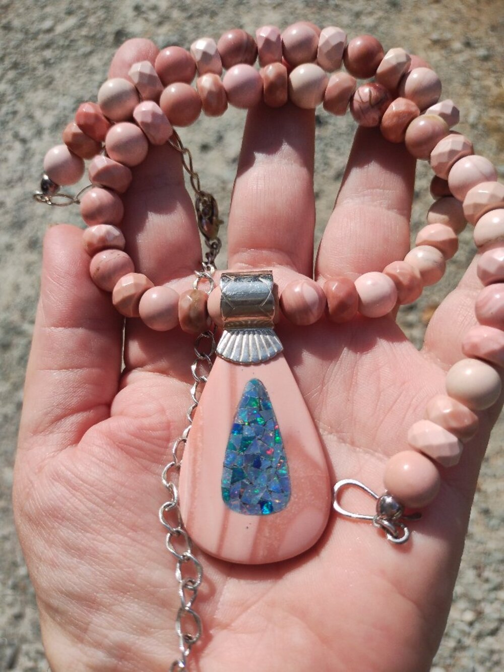 Jay King DTR 925 Sterling Silver Pink Opal Bead Blue Opal Inlay Pendant Necklace - Picture 2 of 6
